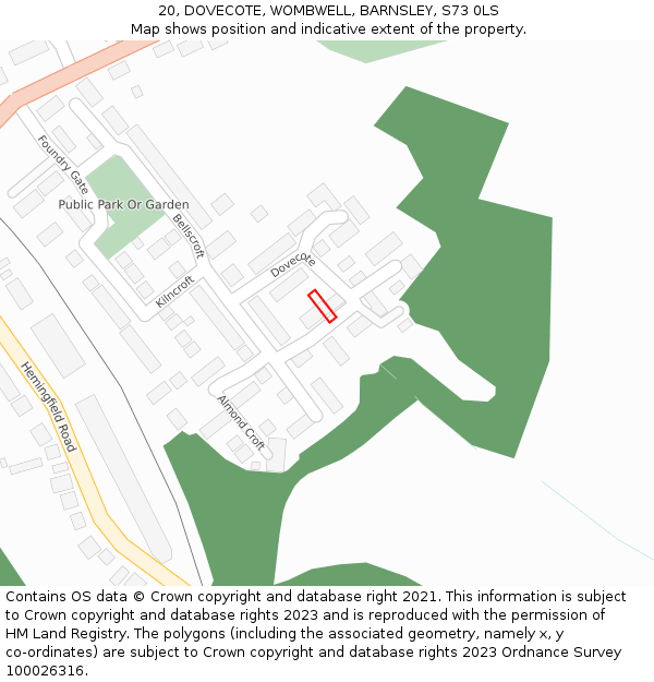 20, DOVECOTE, WOMBWELL, BARNSLEY, S73 0LS: Location map and indicative extent of plot