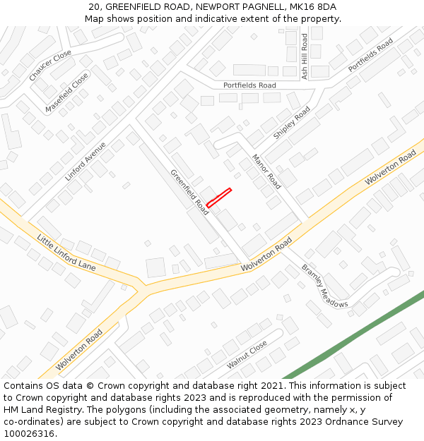 20, GREENFIELD ROAD, NEWPORT PAGNELL, MK16 8DA: Location map and indicative extent of plot