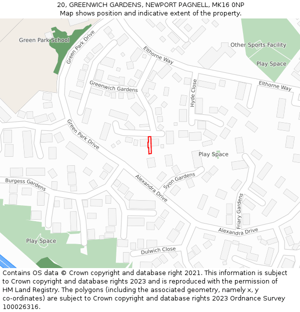 20, GREENWICH GARDENS, NEWPORT PAGNELL, MK16 0NP: Location map and indicative extent of plot