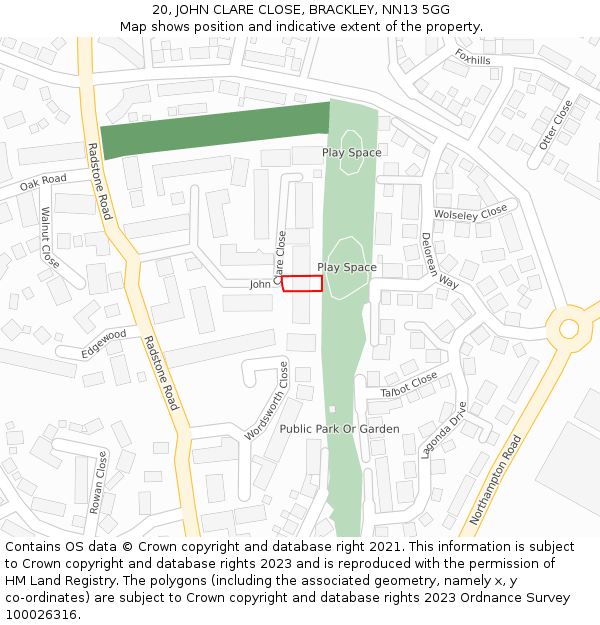 20, JOHN CLARE CLOSE, BRACKLEY, NN13 5GG: Location map and indicative extent of plot