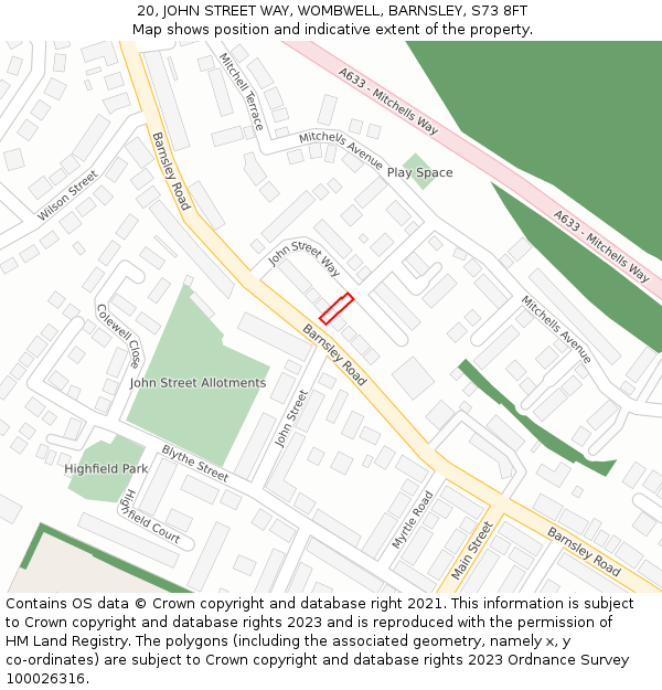20, JOHN STREET WAY, WOMBWELL, BARNSLEY, S73 8FT: Location map and indicative extent of plot