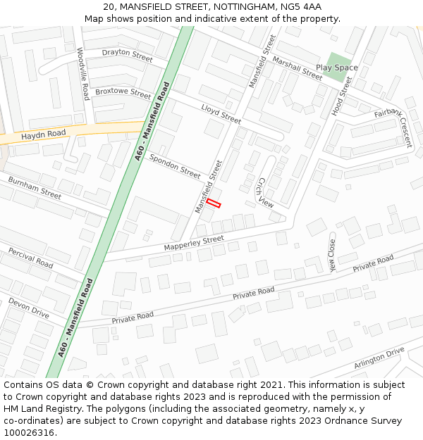 20, MANSFIELD STREET, NOTTINGHAM, NG5 4AA: Location map and indicative extent of plot