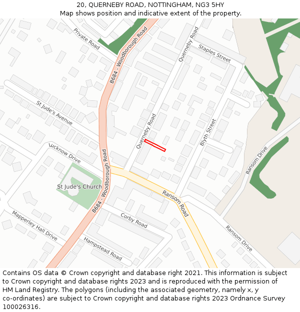 20, QUERNEBY ROAD, NOTTINGHAM, NG3 5HY: Location map and indicative extent of plot