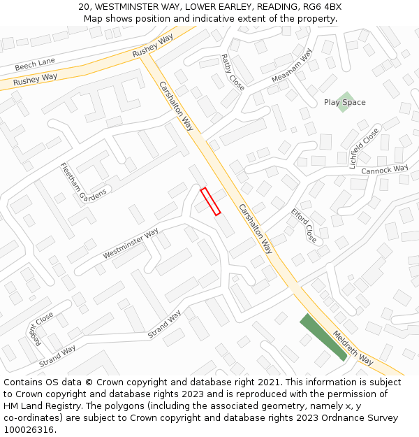 20, WESTMINSTER WAY, LOWER EARLEY, READING, RG6 4BX: Location map and indicative extent of plot