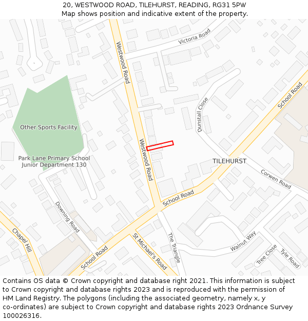 20, WESTWOOD ROAD, TILEHURST, READING, RG31 5PW: Location map and indicative extent of plot