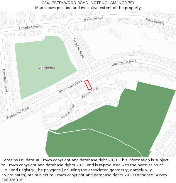204, GREENWOOD ROAD, NOTTINGHAM, NG3 7FY: Location map and indicative extent of plot