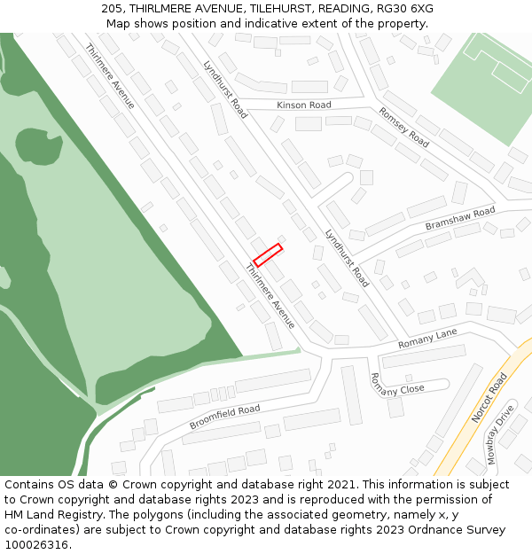 205, THIRLMERE AVENUE, TILEHURST, READING, RG30 6XG: Location map and indicative extent of plot