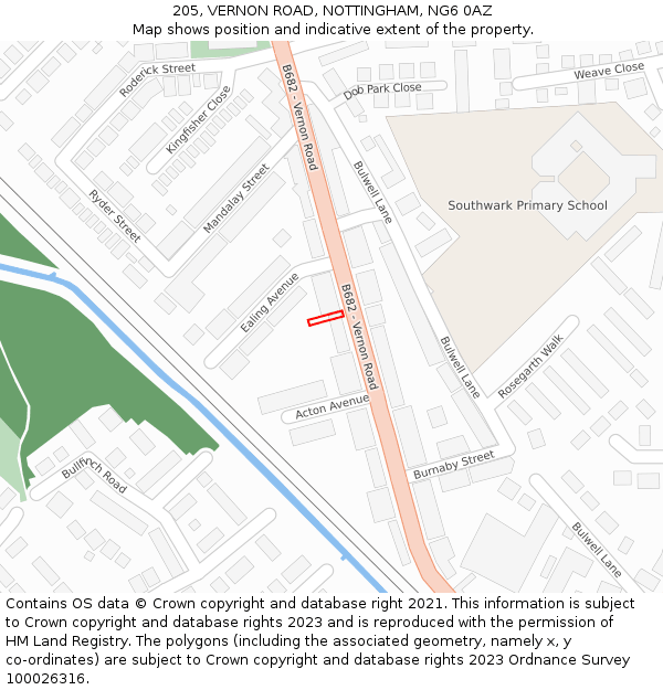 205, VERNON ROAD, NOTTINGHAM, NG6 0AZ: Location map and indicative extent of plot