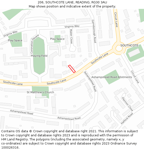 206, SOUTHCOTE LANE, READING, RG30 3AU: Location map and indicative extent of plot
