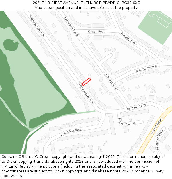 207, THIRLMERE AVENUE, TILEHURST, READING, RG30 6XG: Location map and indicative extent of plot