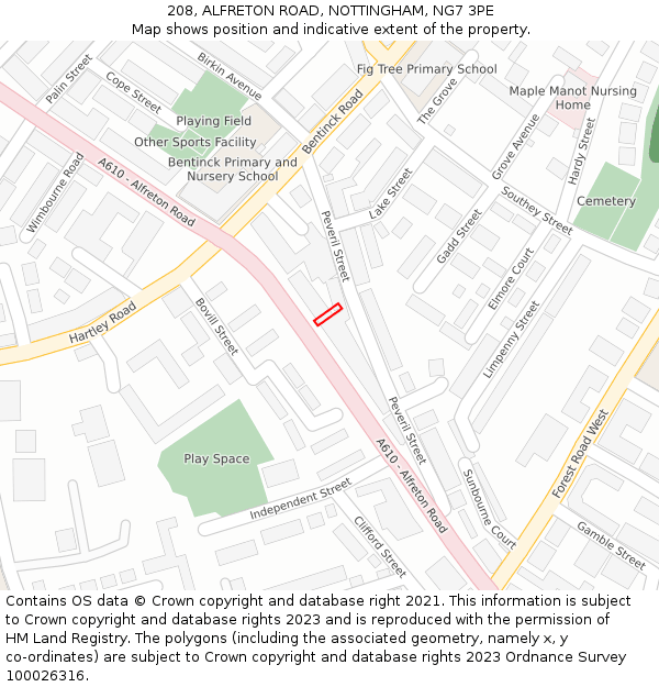 208, ALFRETON ROAD, NOTTINGHAM, NG7 3PE: Location map and indicative extent of plot