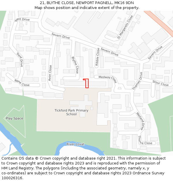 21, BLYTHE CLOSE, NEWPORT PAGNELL, MK16 9DN: Location map and indicative extent of plot