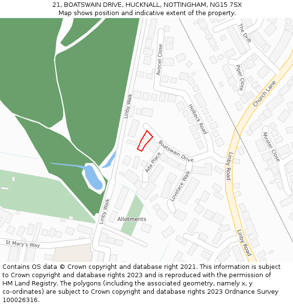 21, BOATSWAIN DRIVE, HUCKNALL, NOTTINGHAM, NG15 7SX: Location map and indicative extent of plot