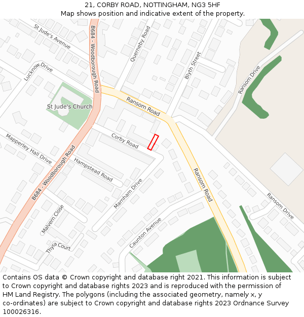 21, CORBY ROAD, NOTTINGHAM, NG3 5HF: Location map and indicative extent of plot