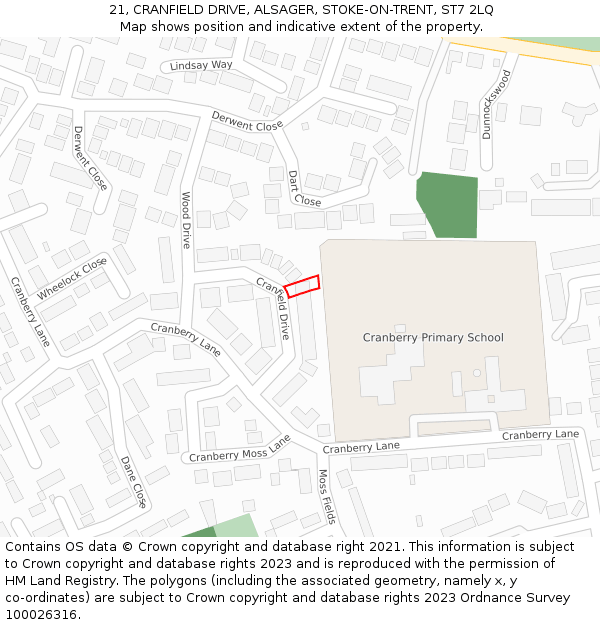 21, CRANFIELD DRIVE, ALSAGER, STOKE-ON-TRENT, ST7 2LQ: Location map and indicative extent of plot
