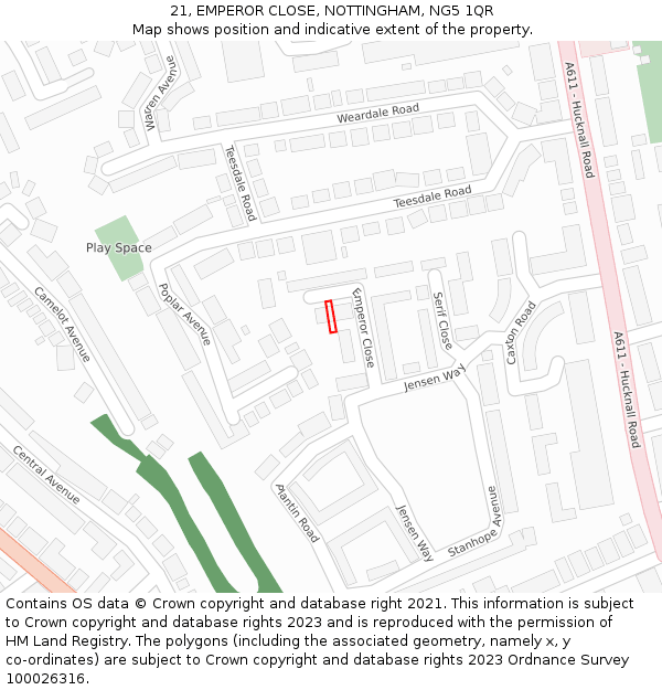 21, EMPEROR CLOSE, NOTTINGHAM, NG5 1QR: Location map and indicative extent of plot