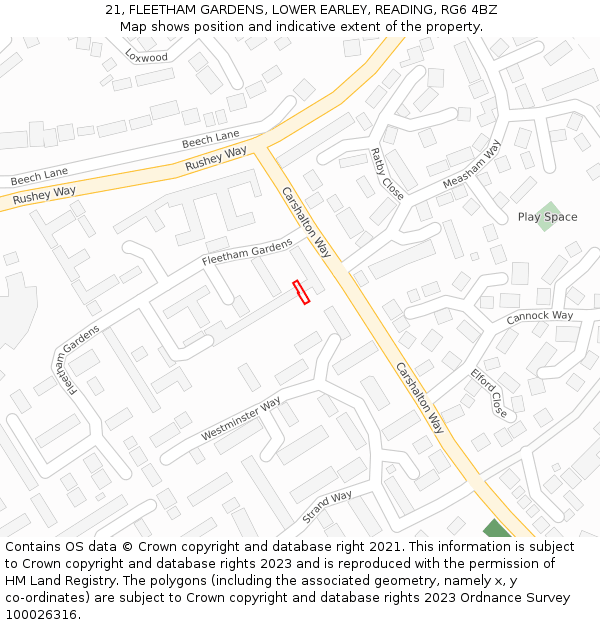 21, FLEETHAM GARDENS, LOWER EARLEY, READING, RG6 4BZ: Location map and indicative extent of plot