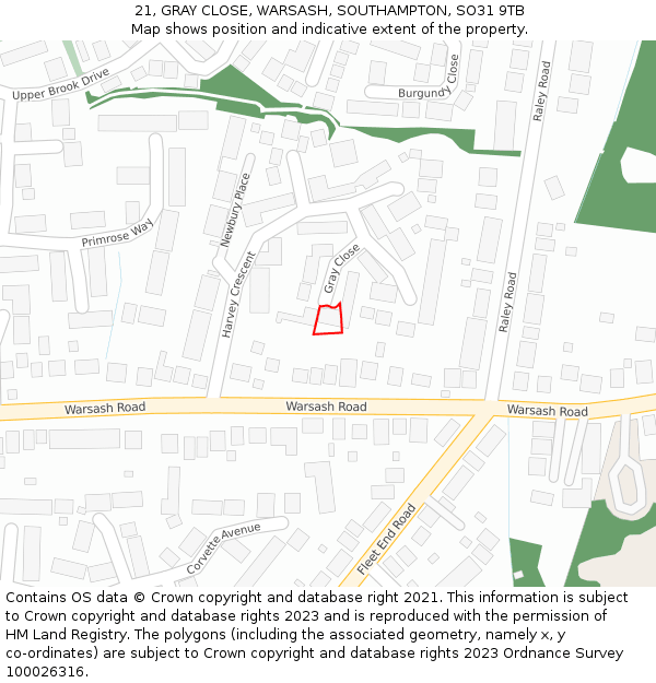 21, GRAY CLOSE, WARSASH, SOUTHAMPTON, SO31 9TB: Location map and indicative extent of plot
