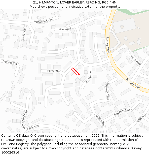 21, HILMANTON, LOWER EARLEY, READING, RG6 4HN: Location map and indicative extent of plot