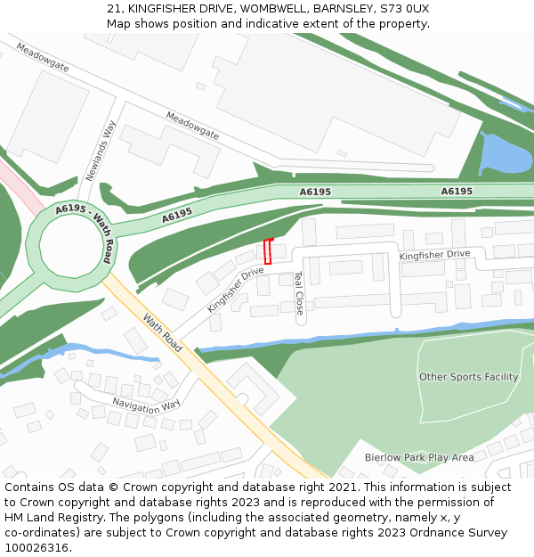 21, KINGFISHER DRIVE, WOMBWELL, BARNSLEY, S73 0UX: Location map and indicative extent of plot