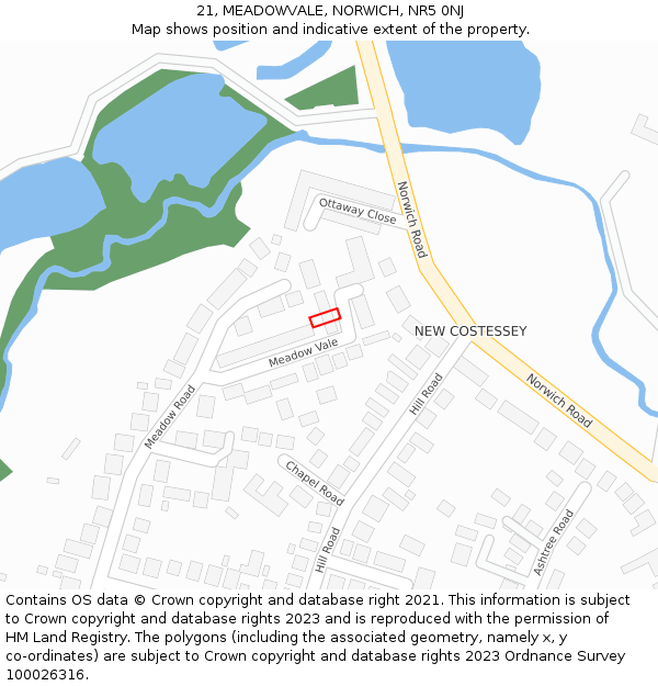 21, MEADOWVALE, NORWICH, NR5 0NJ: Location map and indicative extent of plot