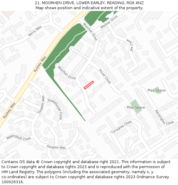 21, MOORHEN DRIVE, LOWER EARLEY, READING, RG6 4NZ: Location map and indicative extent of plot