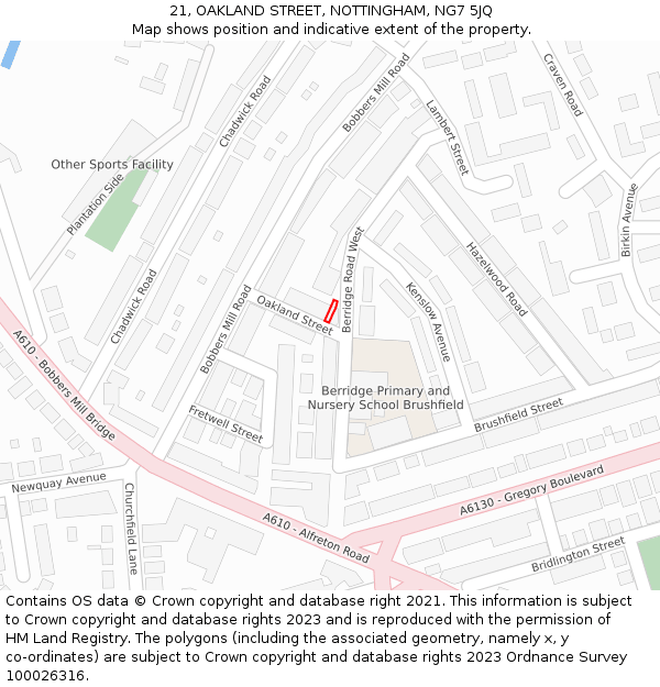 21, OAKLAND STREET, NOTTINGHAM, NG7 5JQ: Location map and indicative extent of plot