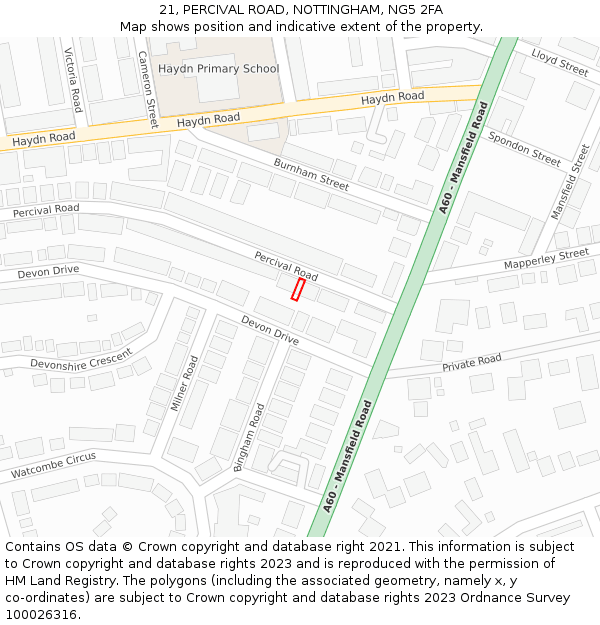 21, PERCIVAL ROAD, NOTTINGHAM, NG5 2FA: Location map and indicative extent of plot