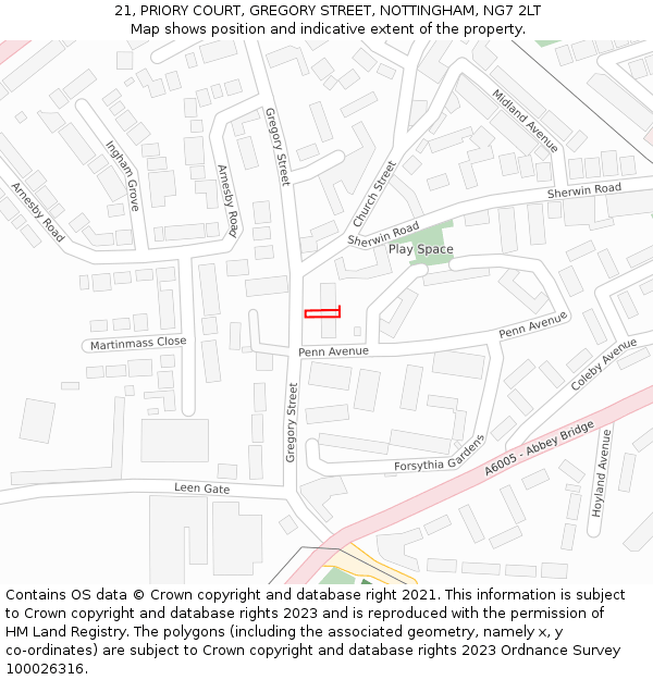21, PRIORY COURT, GREGORY STREET, NOTTINGHAM, NG7 2LT: Location map and indicative extent of plot