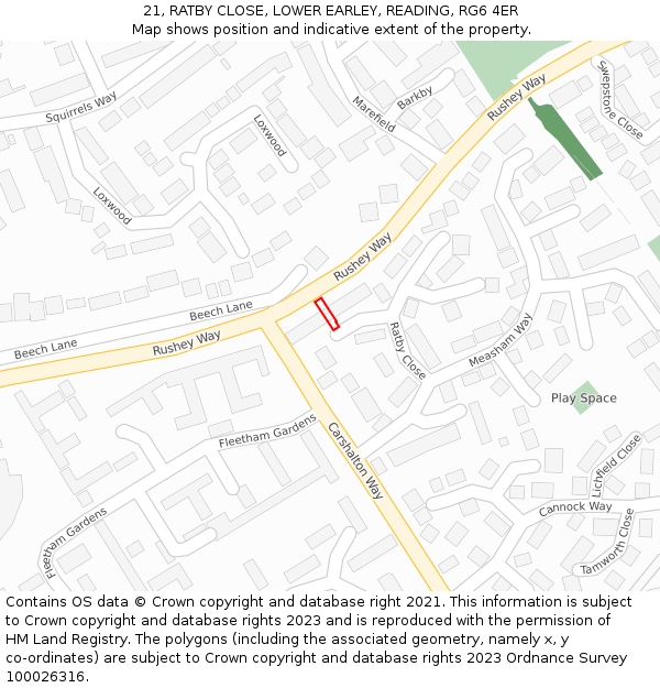 21, RATBY CLOSE, LOWER EARLEY, READING, RG6 4ER: Location map and indicative extent of plot