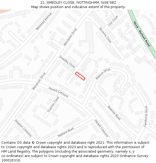 21, SMEDLEY CLOSE, NOTTINGHAM, NG8 5BZ: Location map and indicative extent of plot