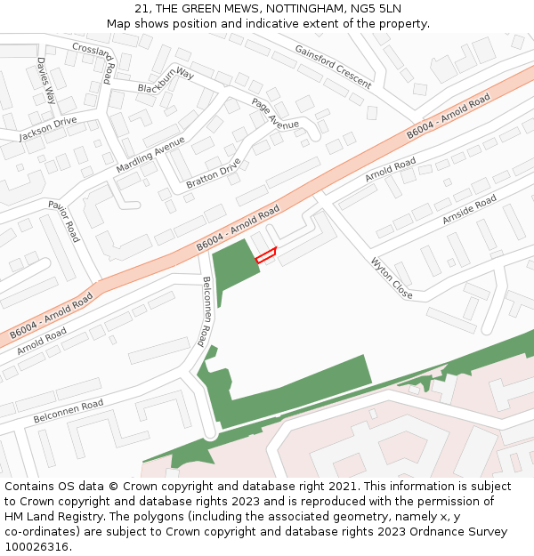 21, THE GREEN MEWS, NOTTINGHAM, NG5 5LN: Location map and indicative extent of plot