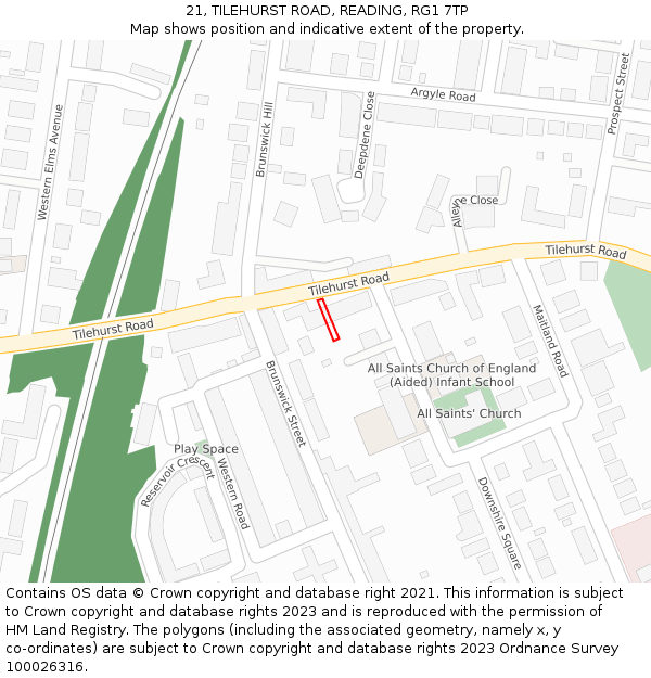 21, TILEHURST ROAD, READING, RG1 7TP: Location map and indicative extent of plot
