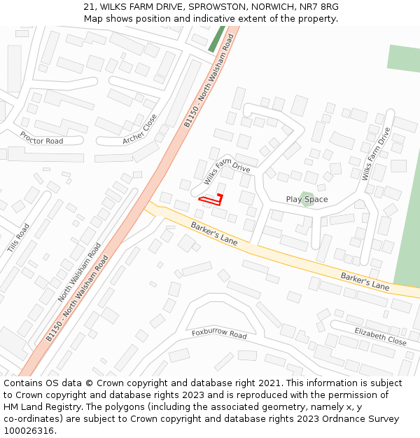 21, WILKS FARM DRIVE, SPROWSTON, NORWICH, NR7 8RG: Location map and indicative extent of plot