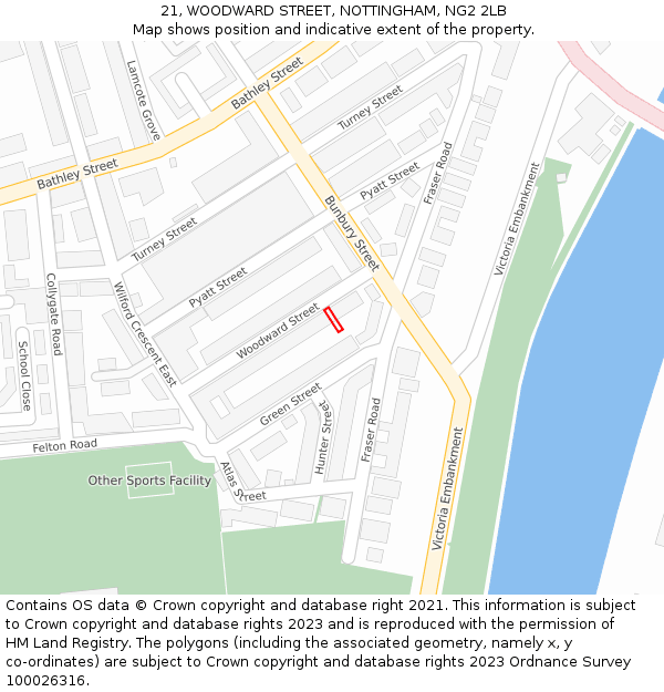 21, WOODWARD STREET, NOTTINGHAM, NG2 2LB: Location map and indicative extent of plot
