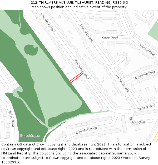 212, THIRLMERE AVENUE, TILEHURST, READING, RG30 6XJ: Location map and indicative extent of plot
