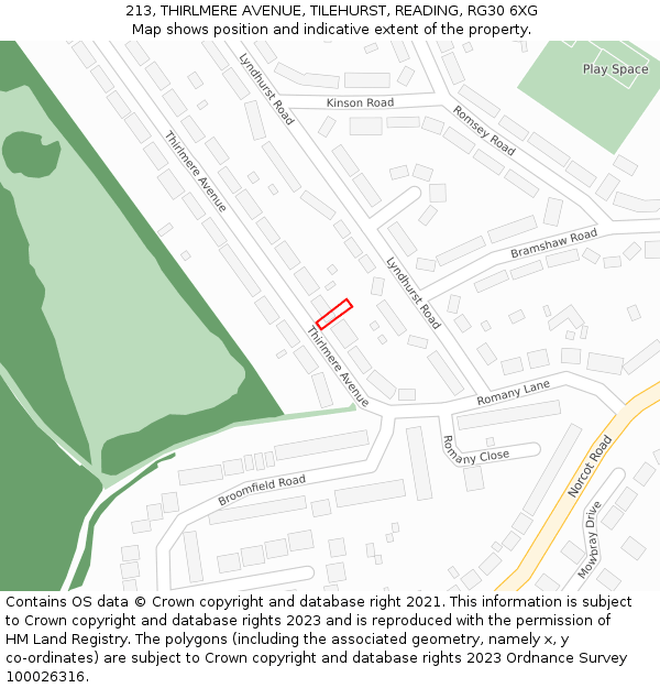 213, THIRLMERE AVENUE, TILEHURST, READING, RG30 6XG: Location map and indicative extent of plot