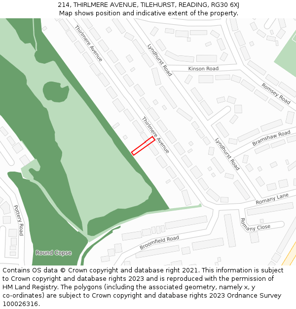 214, THIRLMERE AVENUE, TILEHURST, READING, RG30 6XJ: Location map and indicative extent of plot