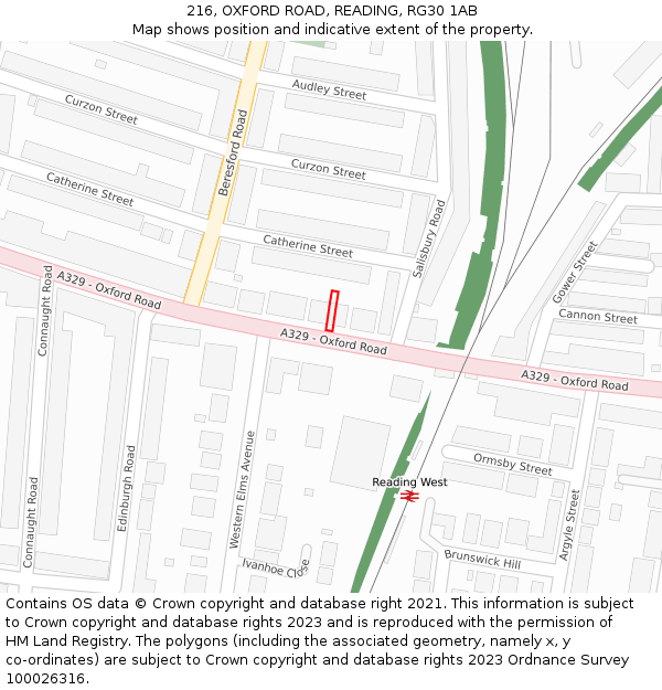 216, OXFORD ROAD, READING, RG30 1AB: Location map and indicative extent of plot