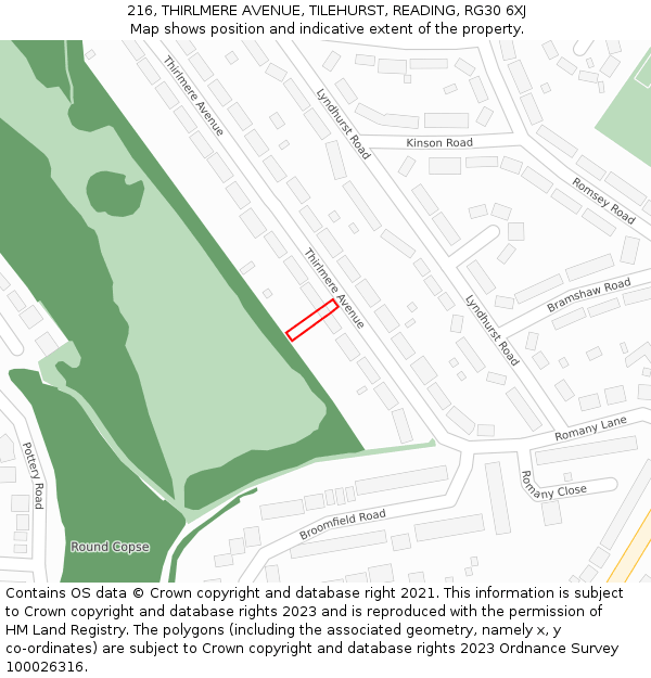 216, THIRLMERE AVENUE, TILEHURST, READING, RG30 6XJ: Location map and indicative extent of plot