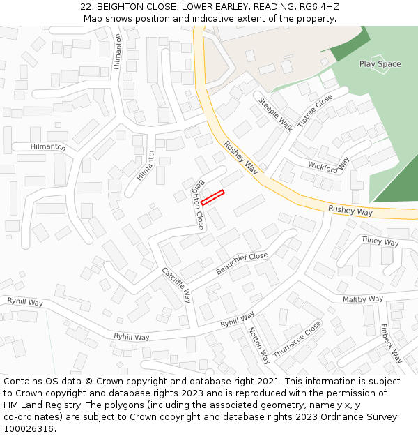 22, BEIGHTON CLOSE, LOWER EARLEY, READING, RG6 4HZ: Location map and indicative extent of plot