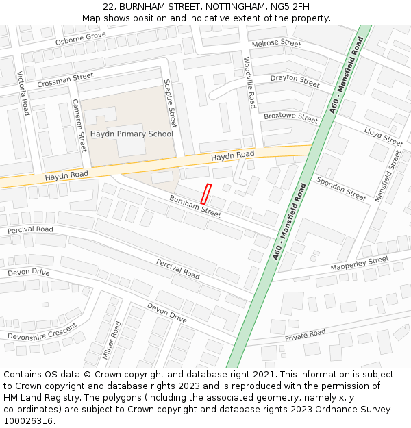22, BURNHAM STREET, NOTTINGHAM, NG5 2FH: Location map and indicative extent of plot