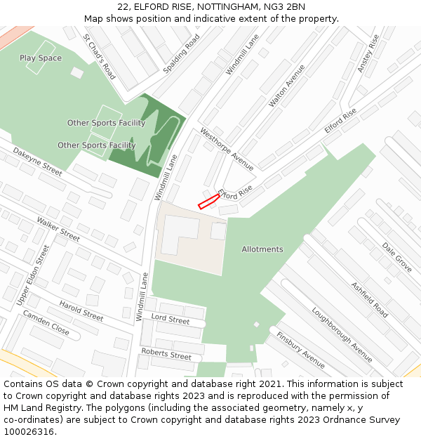 22, ELFORD RISE, NOTTINGHAM, NG3 2BN: Location map and indicative extent of plot