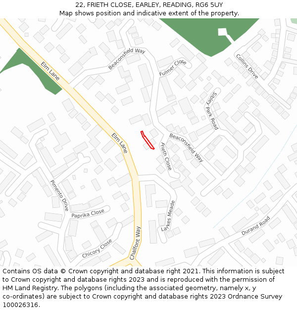 22, FRIETH CLOSE, EARLEY, READING, RG6 5UY: Location map and indicative extent of plot