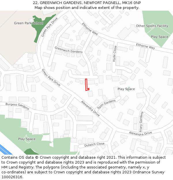22, GREENWICH GARDENS, NEWPORT PAGNELL, MK16 0NP: Location map and indicative extent of plot