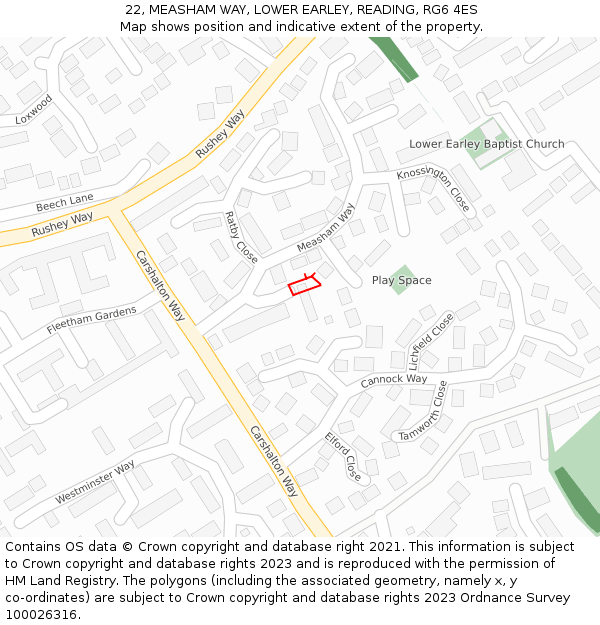 22, MEASHAM WAY, LOWER EARLEY, READING, RG6 4ES: Location map and indicative extent of plot