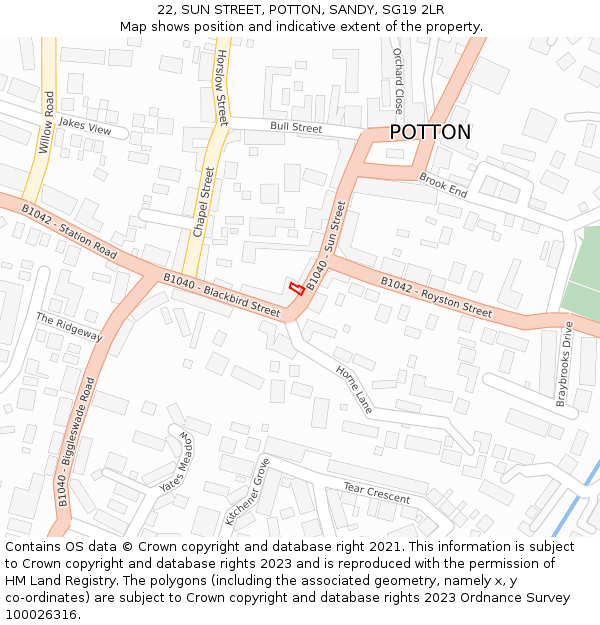 22, SUN STREET, POTTON, SANDY, SG19 2LR: Location map and indicative extent of plot