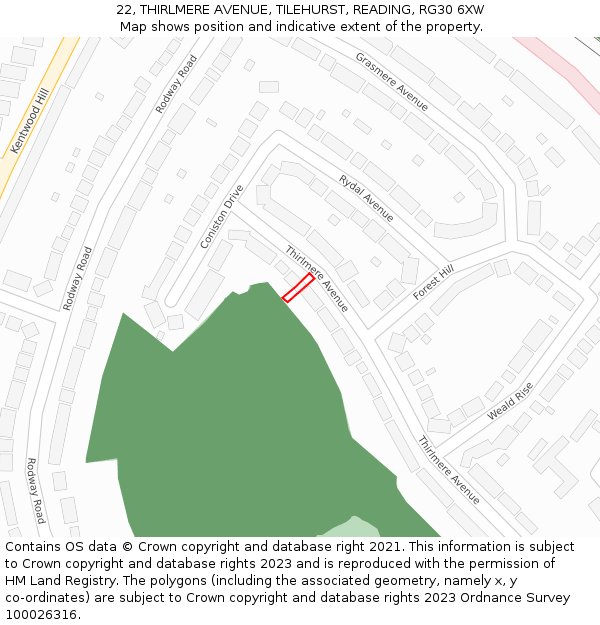 22, THIRLMERE AVENUE, TILEHURST, READING, RG30 6XW: Location map and indicative extent of plot