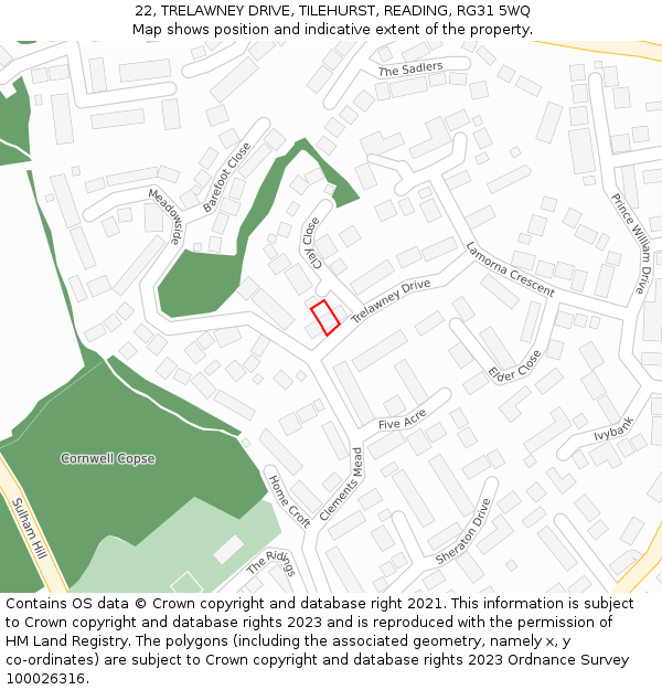 22, TRELAWNEY DRIVE, TILEHURST, READING, RG31 5WQ: Location map and indicative extent of plot