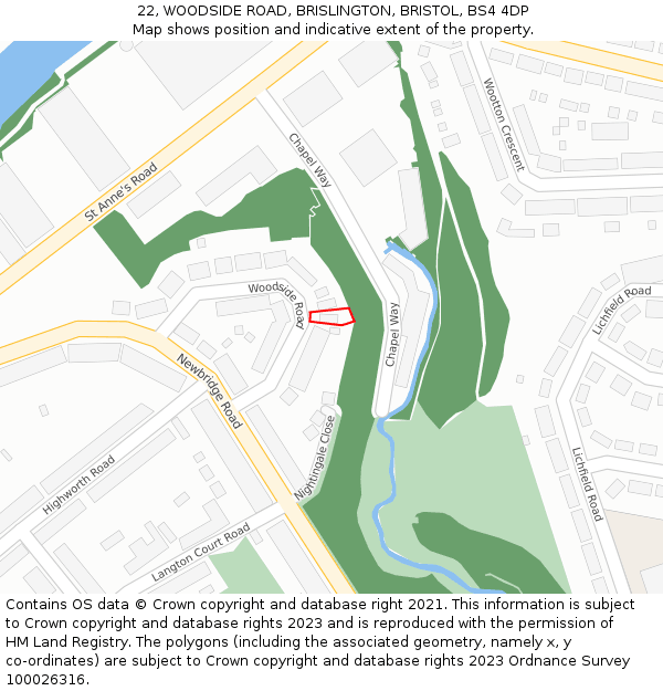 22, WOODSIDE ROAD, BRISLINGTON, BRISTOL, BS4 4DP: Location map and indicative extent of plot